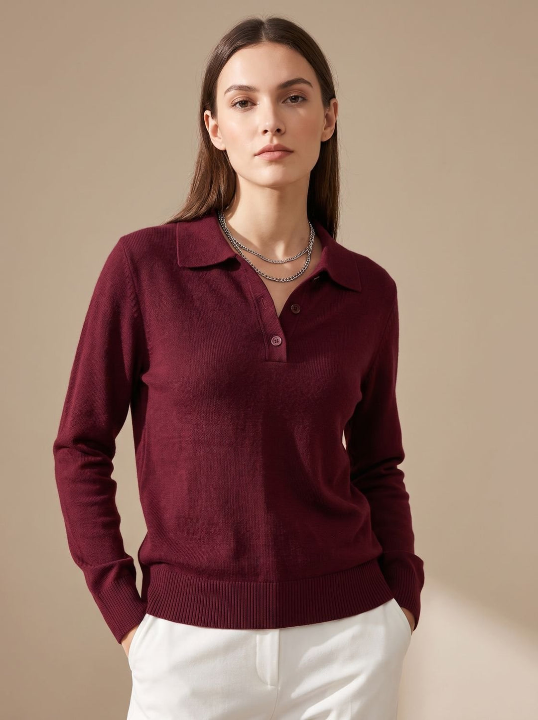 Women's Polo Collar Button-Placket Knit Sweater, Light Blue - Dark Red