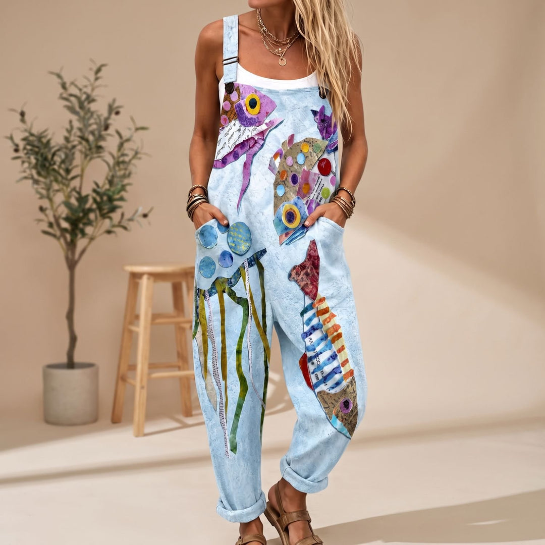 Women's Print Wide-Leg Bib Overalls Jumpsuit
