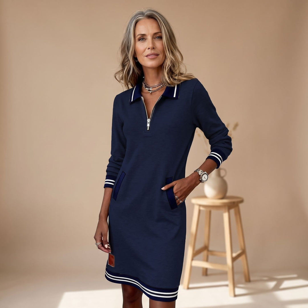 Women's Quarter-Zip Long Sleeve Dress Striped Trim Pockets