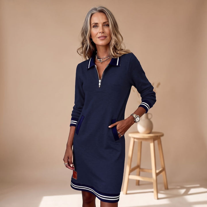 Women's Quarter-Zip Long Sleeve Dress Striped Trim Pockets