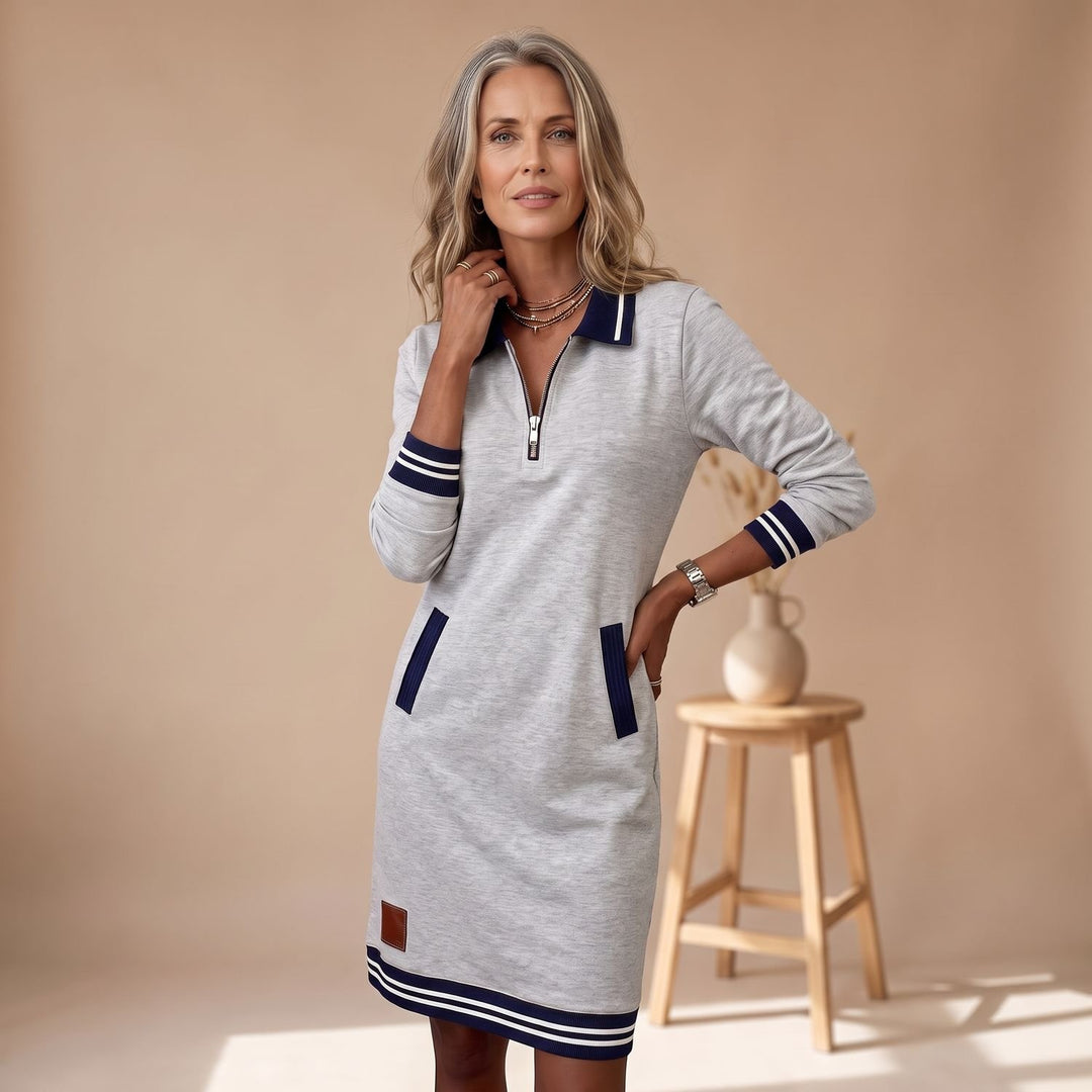 Women's Quarter-Zip Long Sleeve Dress Striped Trim Pockets