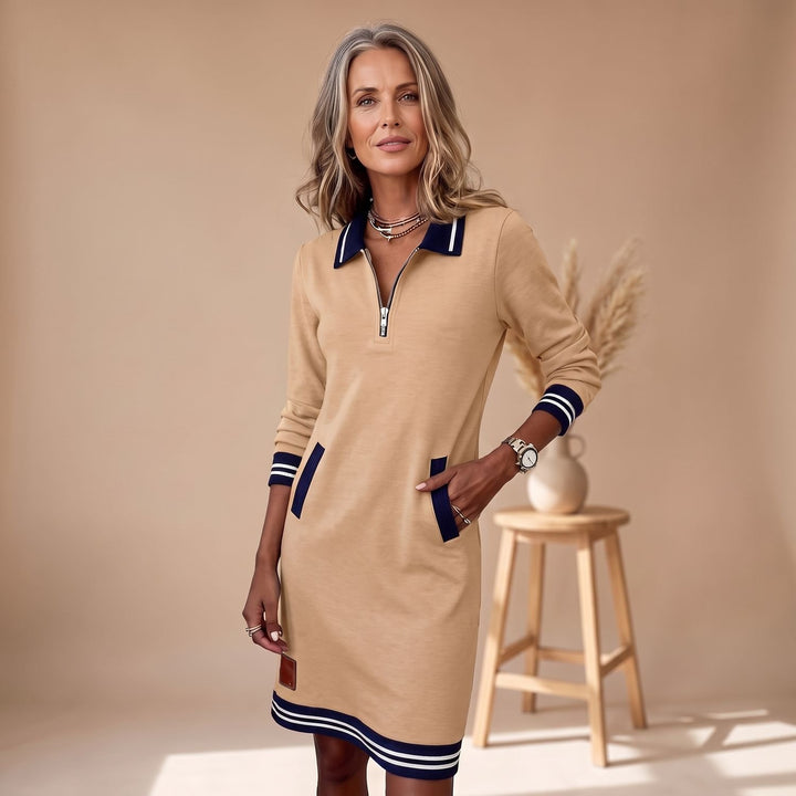 Women's Quarter-Zip Long Sleeve Dress Striped Trim Pockets - Beige
