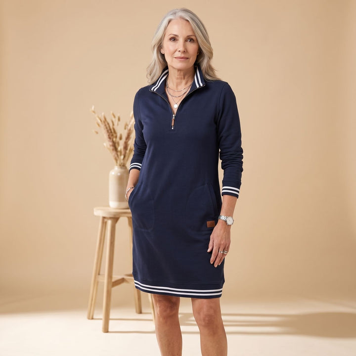 Women's Quarter-Zip Long Sleeve Dress Striped Trim Pockets - Navy Blue