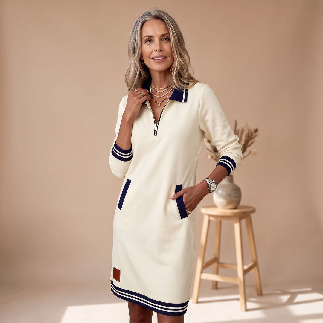 Women's Quarter-Zip Long Sleeve Dress Striped Trim Pockets