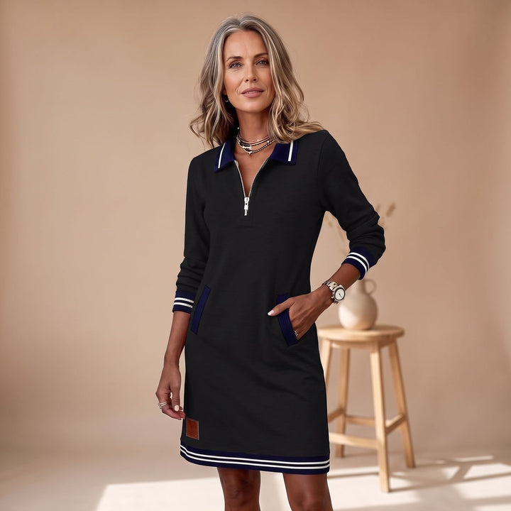 Women's Quarter-Zip Long Sleeve Dress Striped Trim Pockets - Black
