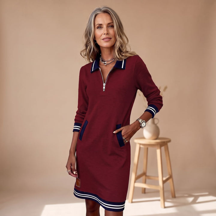 Women's Quarter-Zip Long Sleeve Dress Striped Trim Pockets - Red