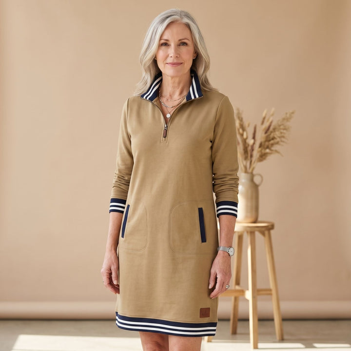 Women's Quarter-Zip Long Sleeve Dress Striped Trim Pockets
