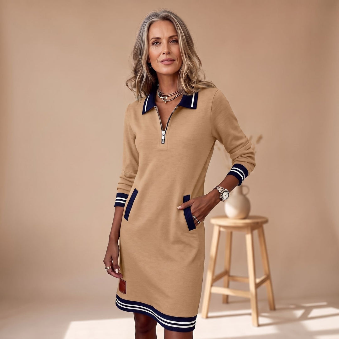 Women's Quarter-Zip Long Sleeve Dress Striped Trim Pockets