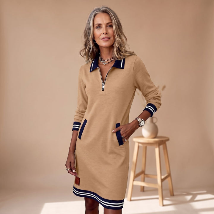 Women's Quarter-Zip Long Sleeve Dress Striped Trim Pockets