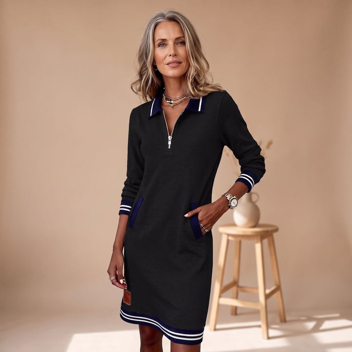 Women's Quarter-Zip Long Sleeve Dress Striped Trim Pockets
