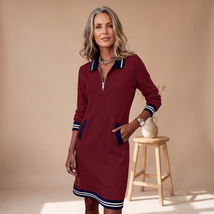 Women's Quarter-Zip Long Sleeve Dress Striped Trim Pockets
