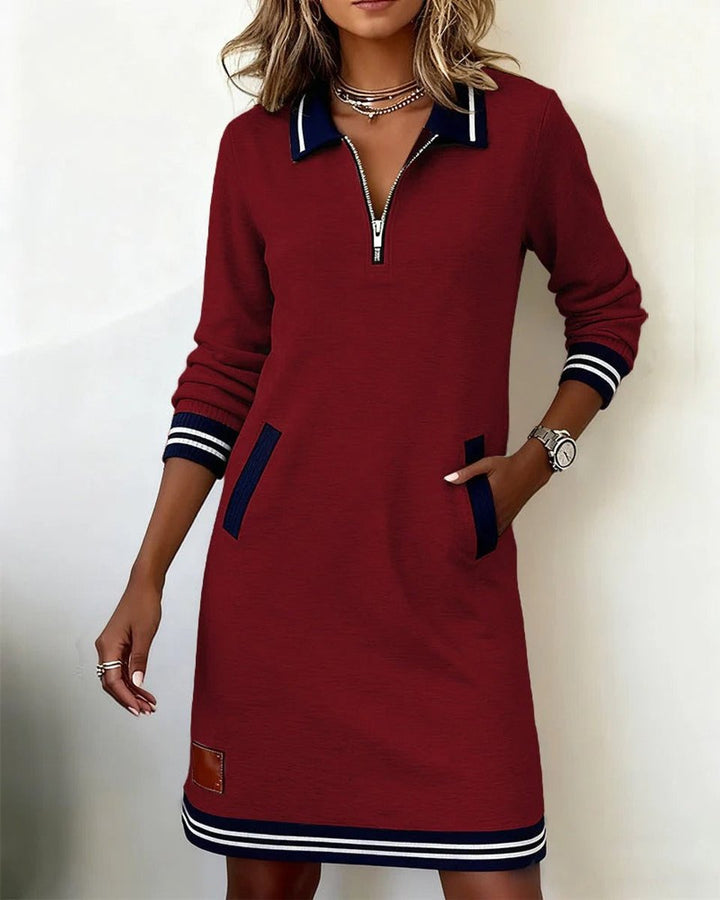 Women's Quarter-Zip Polo Collar Long Sleeve Dress Side Pockets