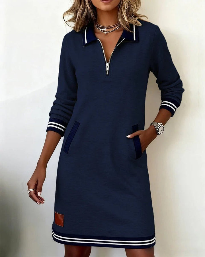 Women's Quarter-Zip Polo Collar Long Sleeve Dress Side Pockets
