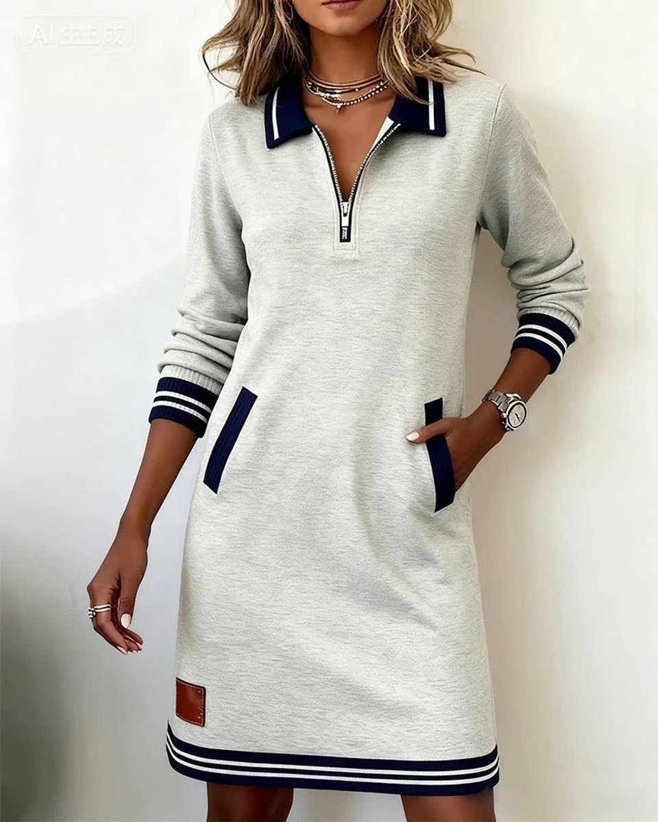 Women's Quarter-Zip Polo Collar Long Sleeve Dress Side Pockets - Gray