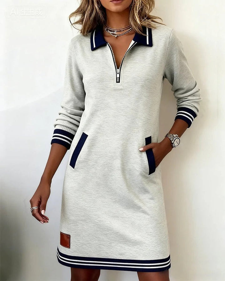 Women's Quarter-Zip Polo Collar Long Sleeve Dress Side Pockets - Gray