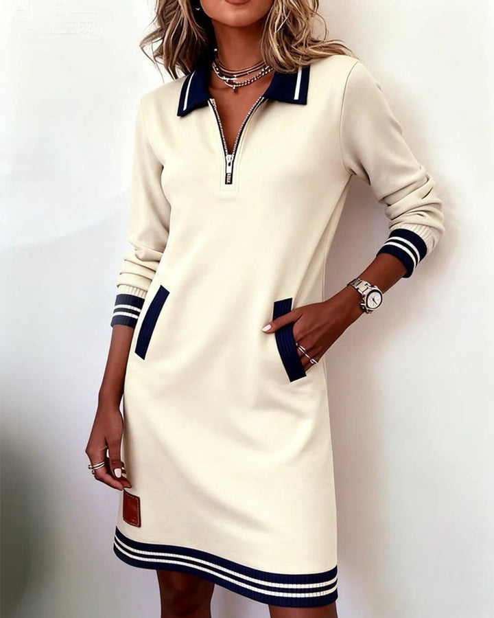 Women's Quarter-Zip Polo Collar Long Sleeve Dress Side Pockets - White