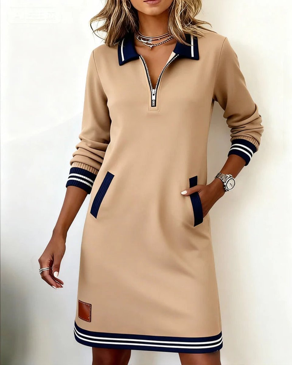 Women's Quarter-Zip Polo Collar Long Sleeve Dress Side Pockets - Beige