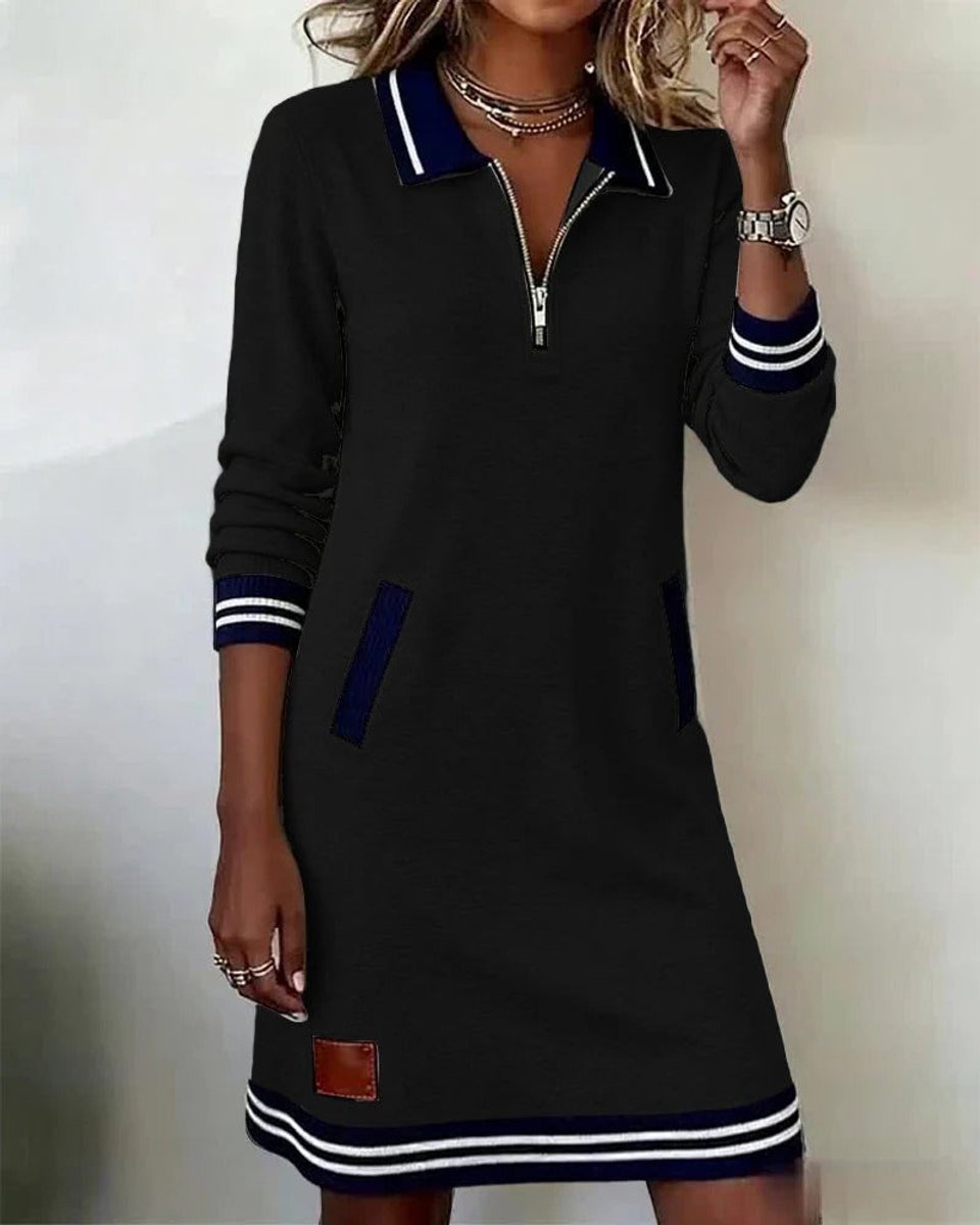 Women's Quarter-Zip Polo Collar Long Sleeve Dress Side Pockets