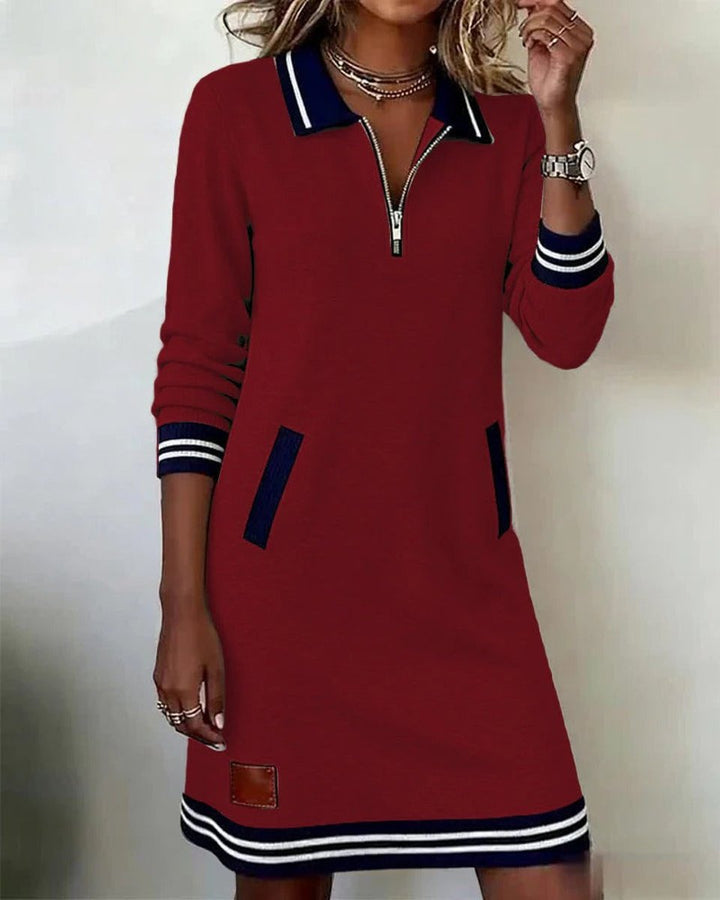 Women's Quarter-Zip Polo Collar Long Sleeve Dress Side Pockets