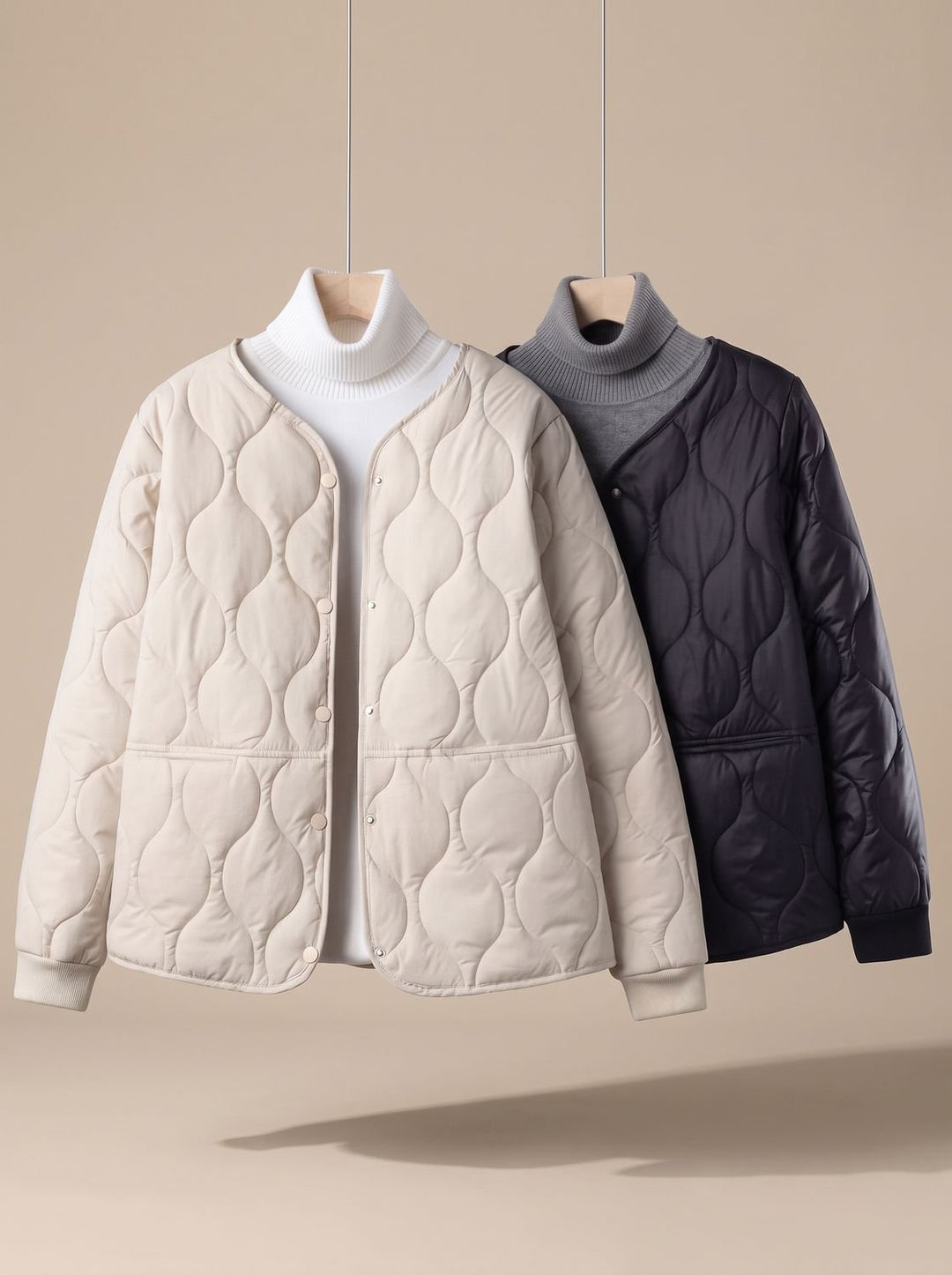 Women's Quilted Cotton-Padded V-Neck Snap-Button Jacket - White
