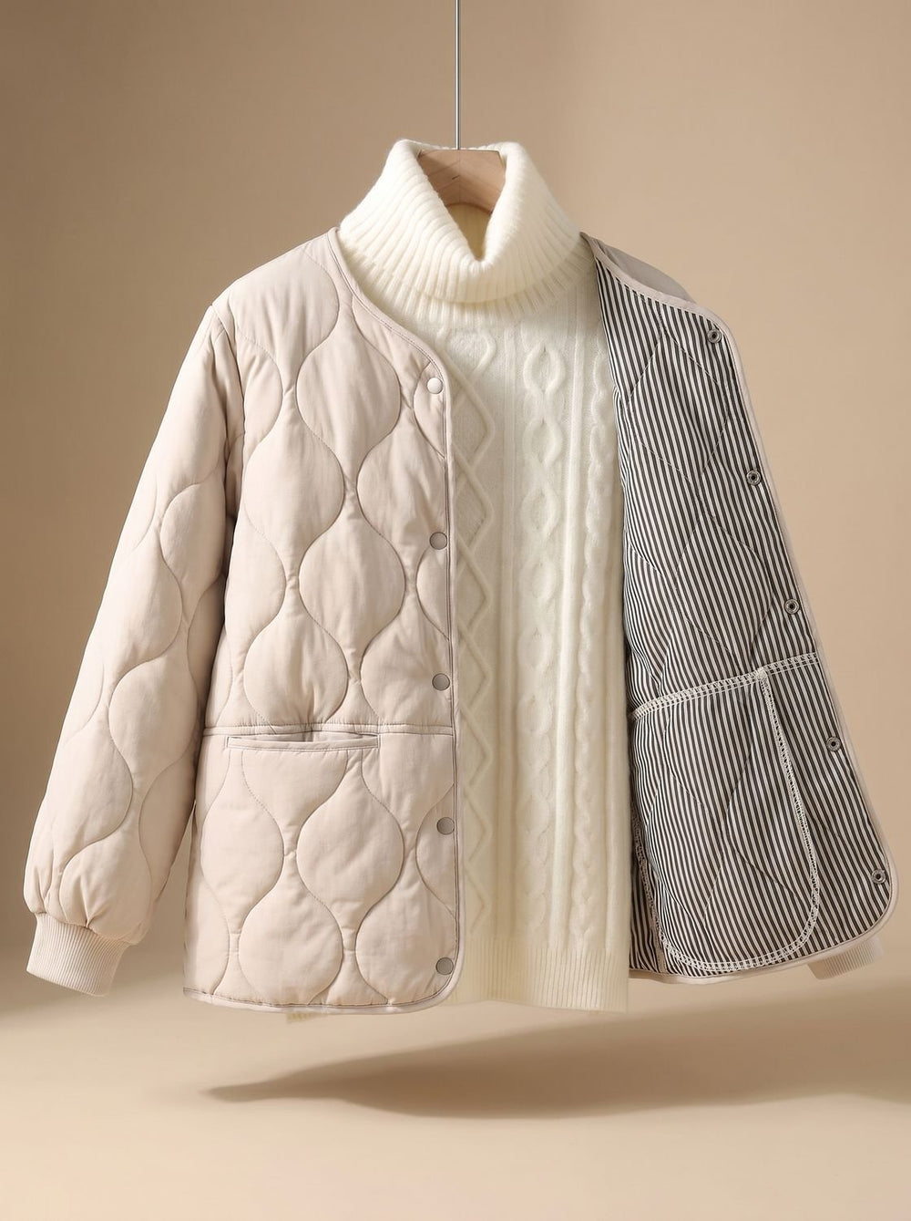 Women's Quilted Cotton-Padded V-Neck Snap-Button Jacket - Black