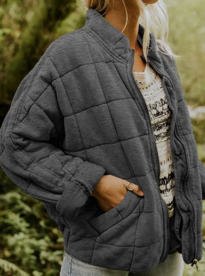 Women's Quilted Fashion Jacket Zip-Up Stand-Collar Outerwear - Dark Gray