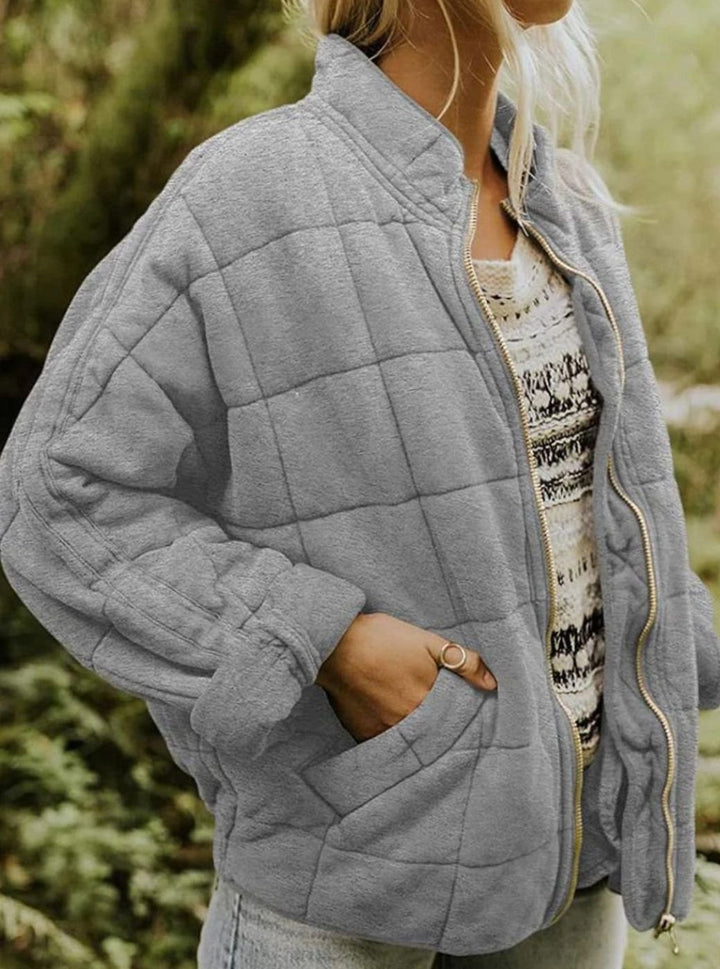 Women's Quilted Fashion Jacket Zip-Up Stand-Collar Outerwear - Gray