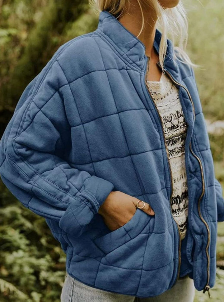 Women's Quilted Fashion Jacket Zip-Up Stand-Collar Outerwear - Blue
