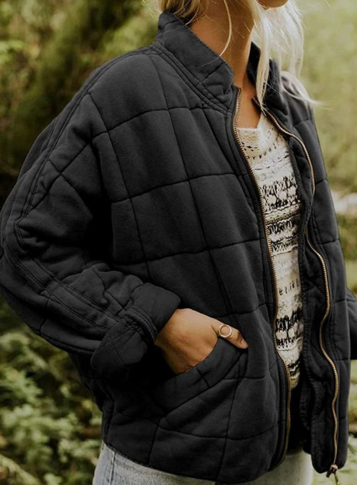 Women's Quilted Fashion Jacket Zip-Up Stand-Collar Outerwear - Black