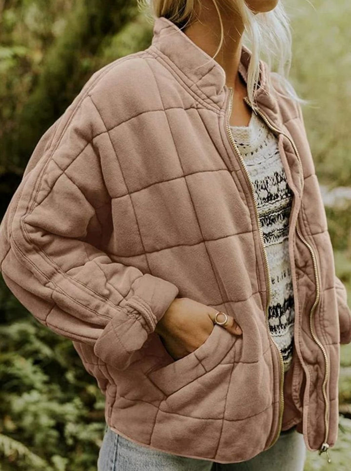 Women's Quilted Fashion Jacket Zip-Up Stand-Collar Outerwear - Pink