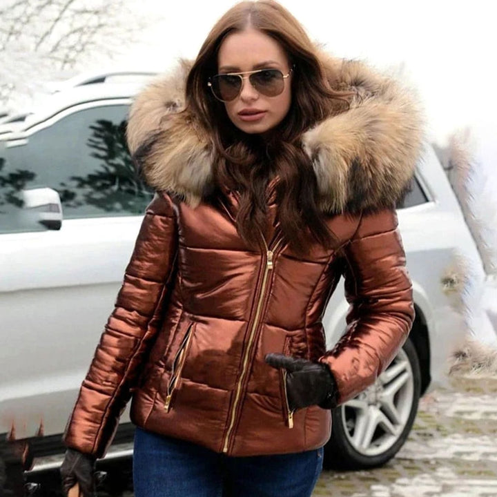 Women's Quilted Faux Fur Trim Hooded Puffer Jacket - Dark Brown