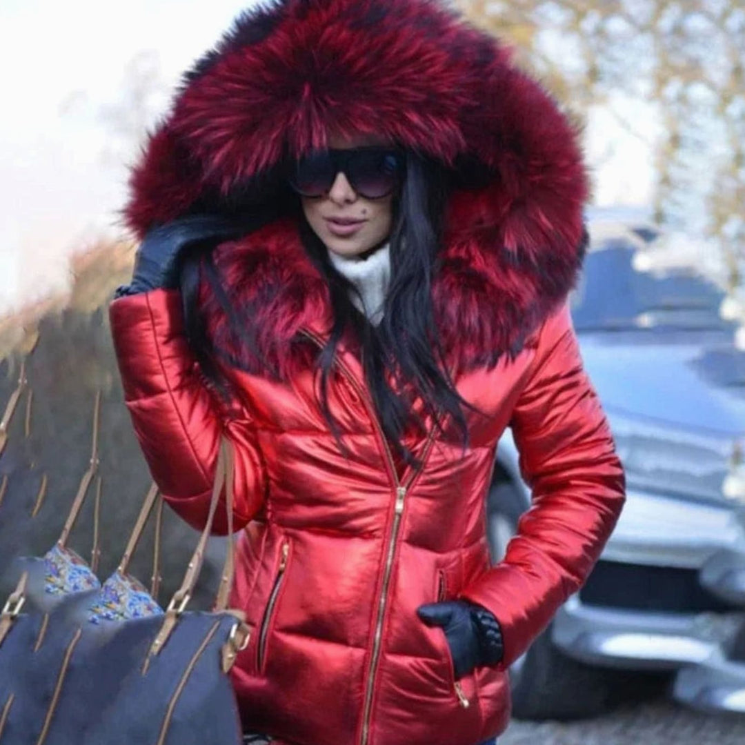 Women's Quilted Faux Fur Trim Hooded Puffer Jacket - Red
