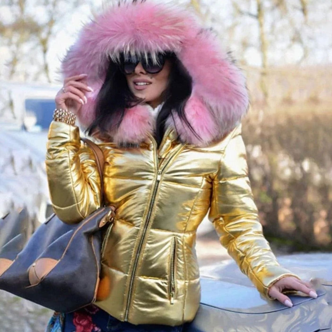Women's Quilted Faux Fur Trim Hooded Puffer Jacket - Gold