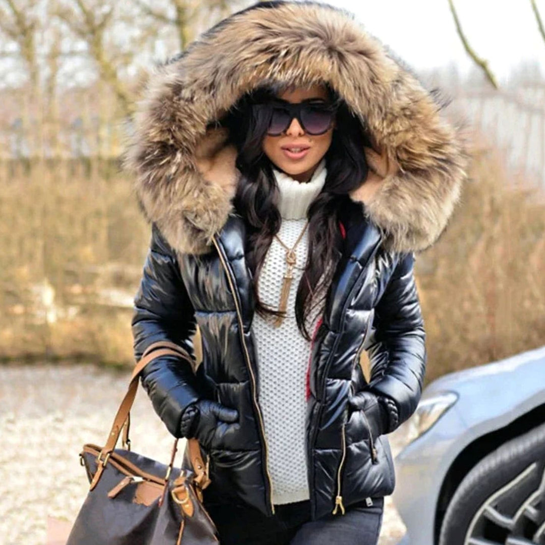 Women's Quilted Faux Fur Trim Hooded Puffer Jacket