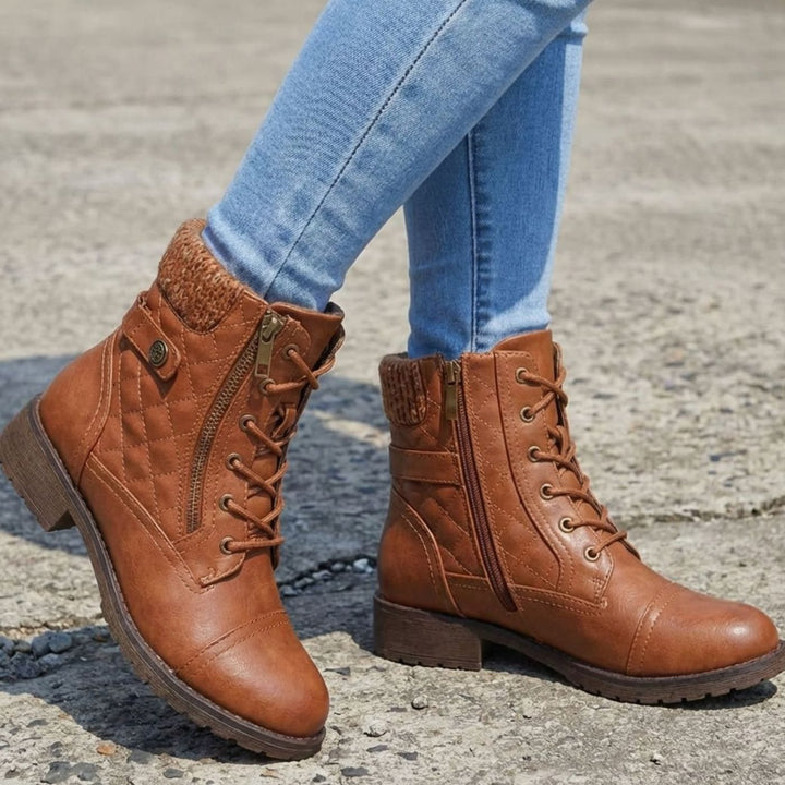 Women's Quilted Faux-Leather Lace-Up Block-Heel Ankle Boots - Brown