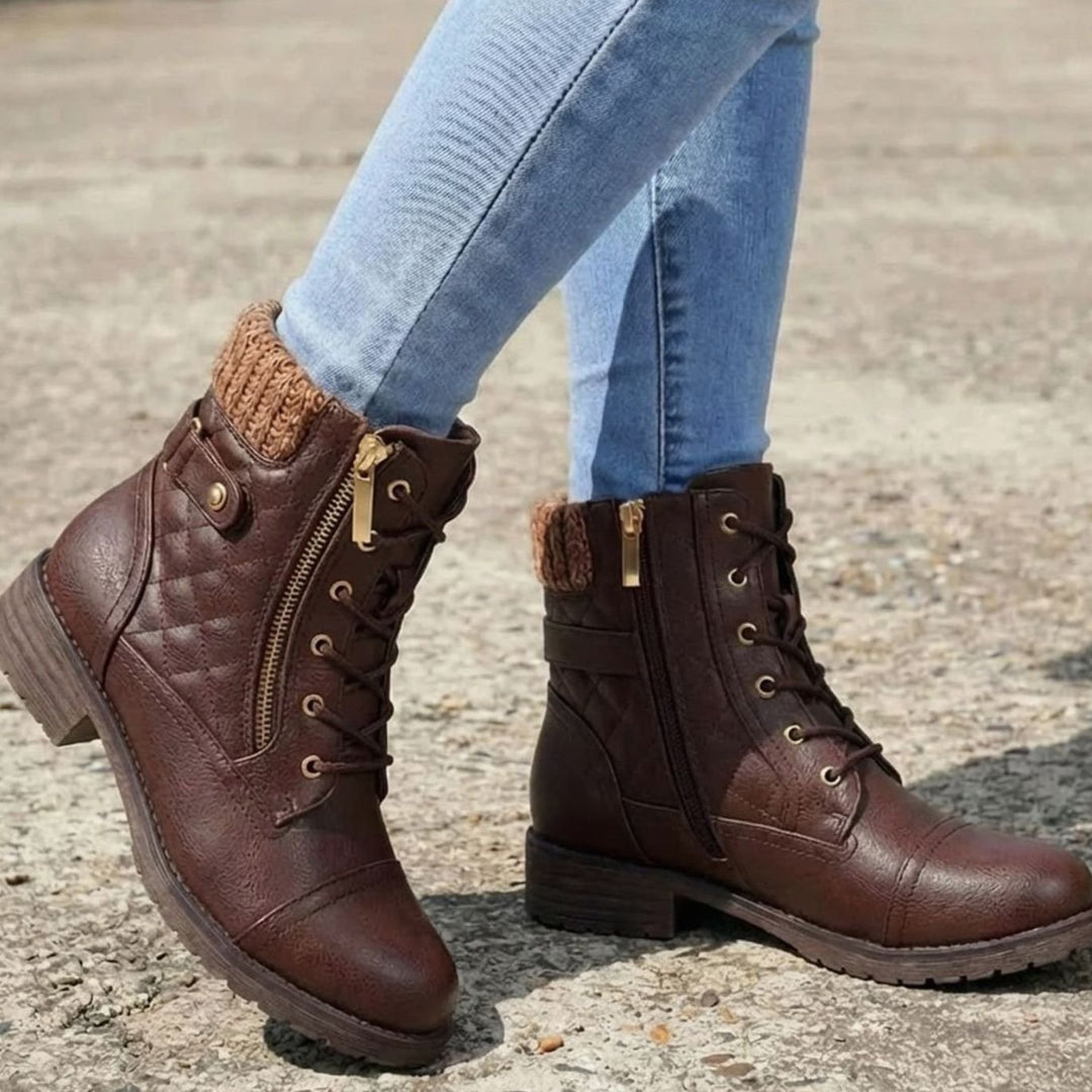 Women's Quilted Faux-Leather Lace-Up Block-Heel Ankle Boots