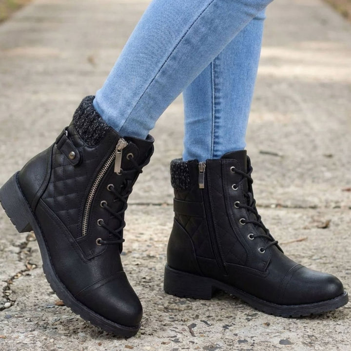 Women's Quilted Faux-Leather Lace-Up Block-Heel Ankle Boots - Black