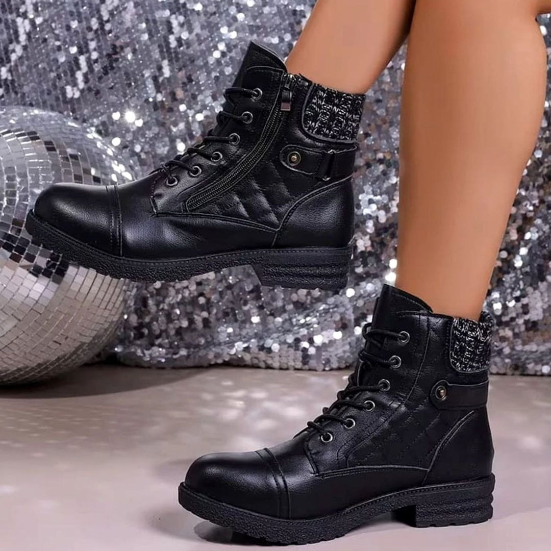 Women's Quilted Faux-Leather Lace-Up Block-Heel Ankle Boots