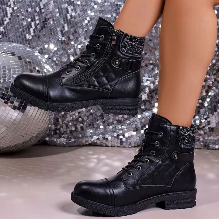 Women's Quilted Faux-Leather Lace-Up Block-Heel Ankle Boots