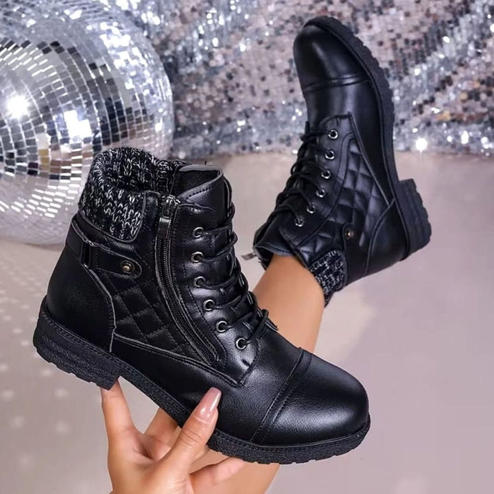 Women's Quilted Faux-Leather Lace-Up Block-Heel Ankle Boots