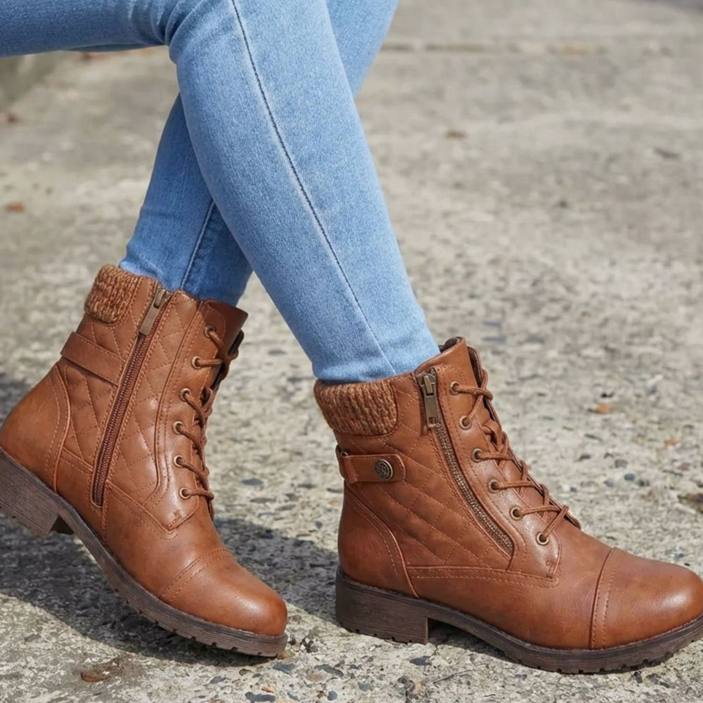 Women's Quilted Faux-Leather Lace-Up Block-Heel Ankle Boots