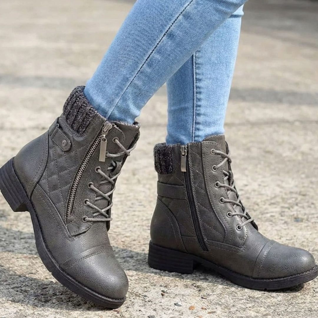 Women's Quilted Faux-Leather Lace-Up Block-Heel Ankle Boots - Gray