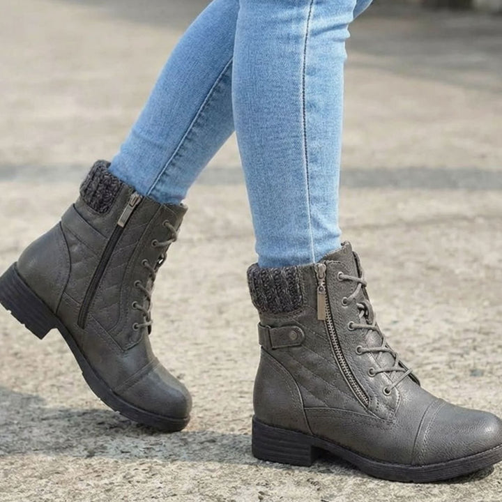 Women's Quilted Faux-Leather Lace-Up Block-Heel Ankle Boots