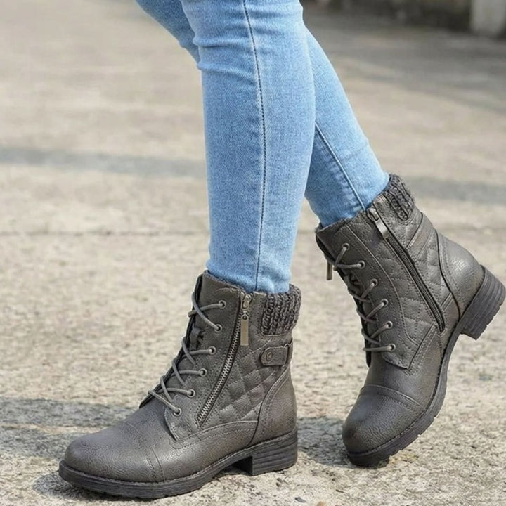 Women's Quilted Faux-Leather Lace-Up Block-Heel Ankle Boots