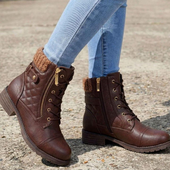 Women's Quilted Faux-Leather Lace-Up Block-Heel Ankle Boots - Dark Brown