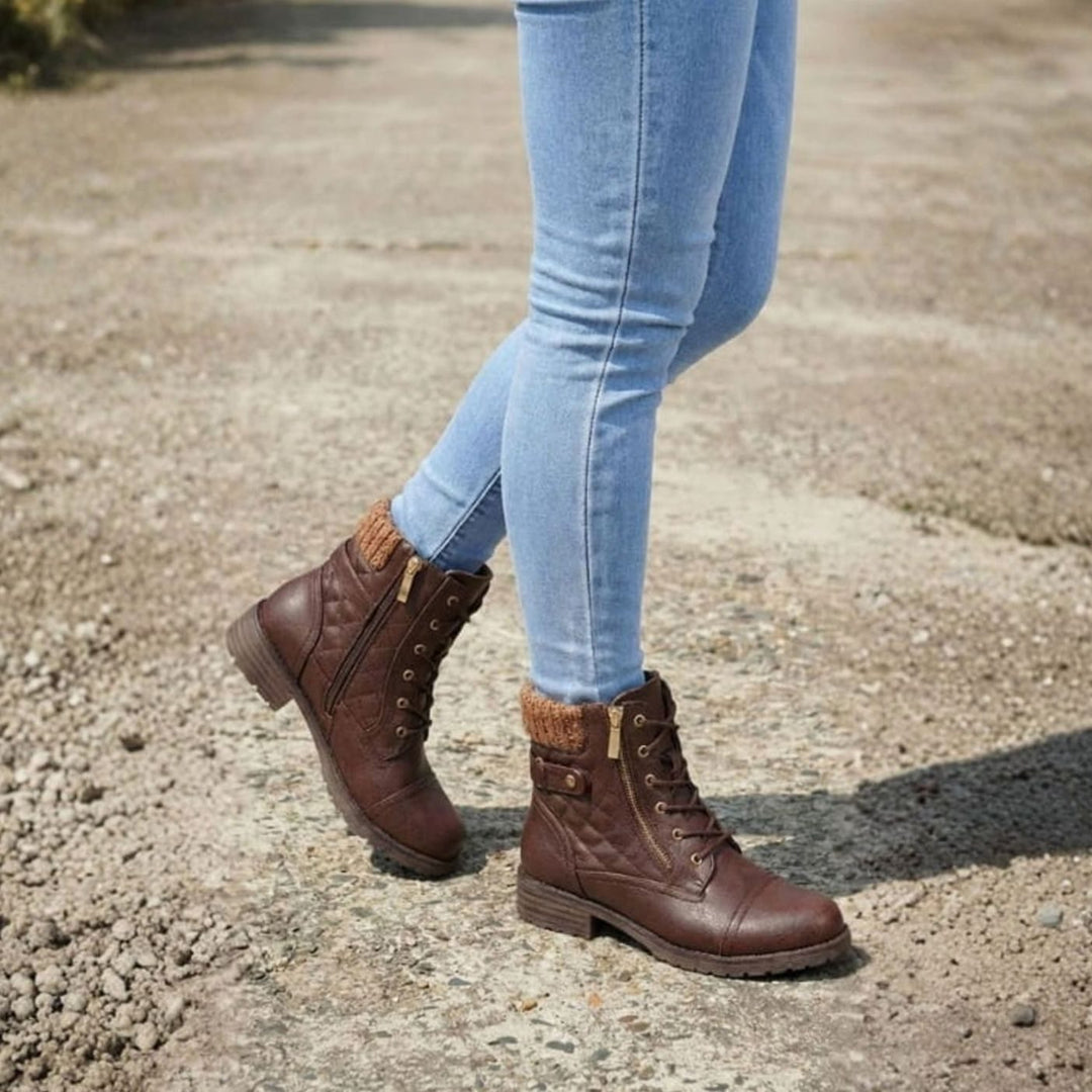 Women's Quilted Faux-Leather Lace-Up Block-Heel Ankle Boots