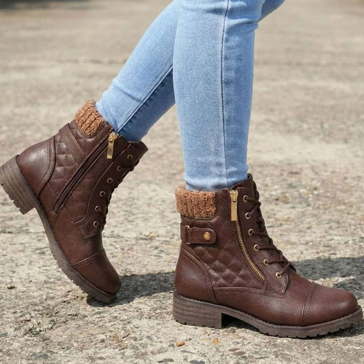 Women's Quilted Faux-Leather Lace-Up Block-Heel Ankle Boots