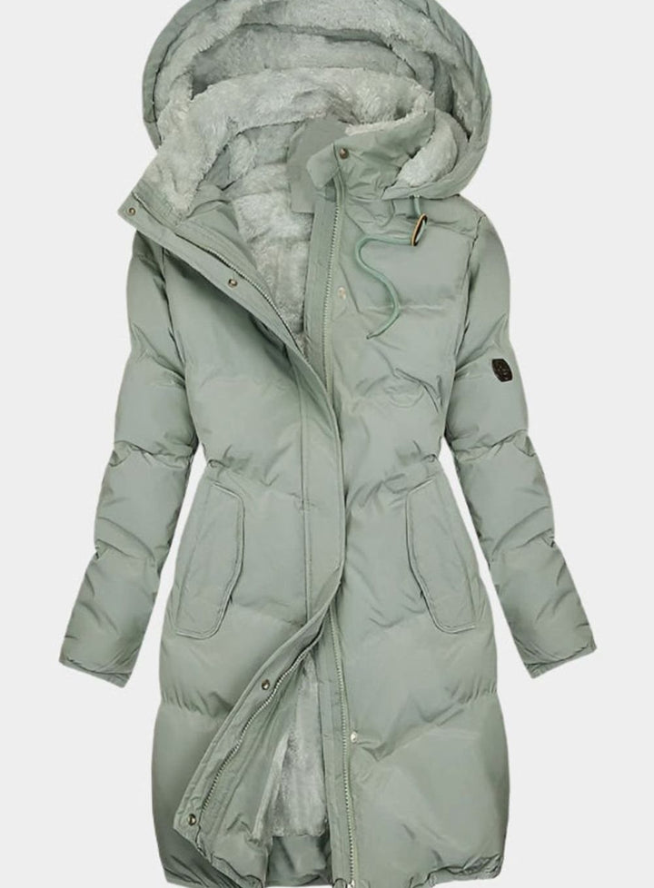 Women's Quilted Fleece-Lined Hooded Coat Long Winter Parka - Green