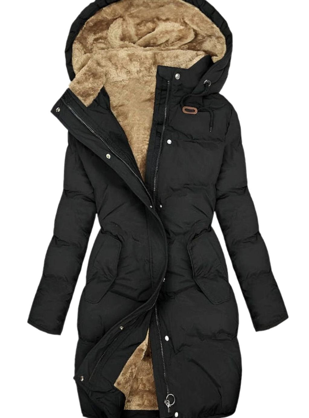 Women's Quilted Fleece-Lined Hooded Coat Long Winter Parka - Black