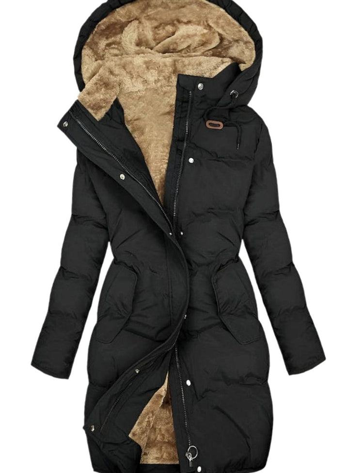 Women's Quilted Fleece-Lined Hooded Coat Long Winter Parka - Black